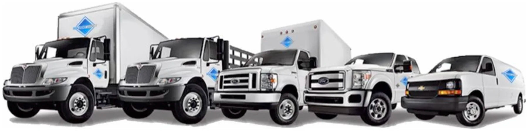 The Solvent Direct fleet: five white Solvent Direct trucks and vans