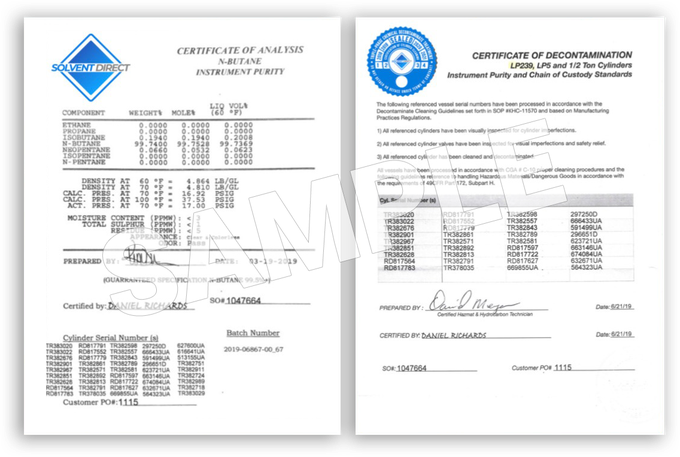 Sample Certificate of Analysis and Decontamination